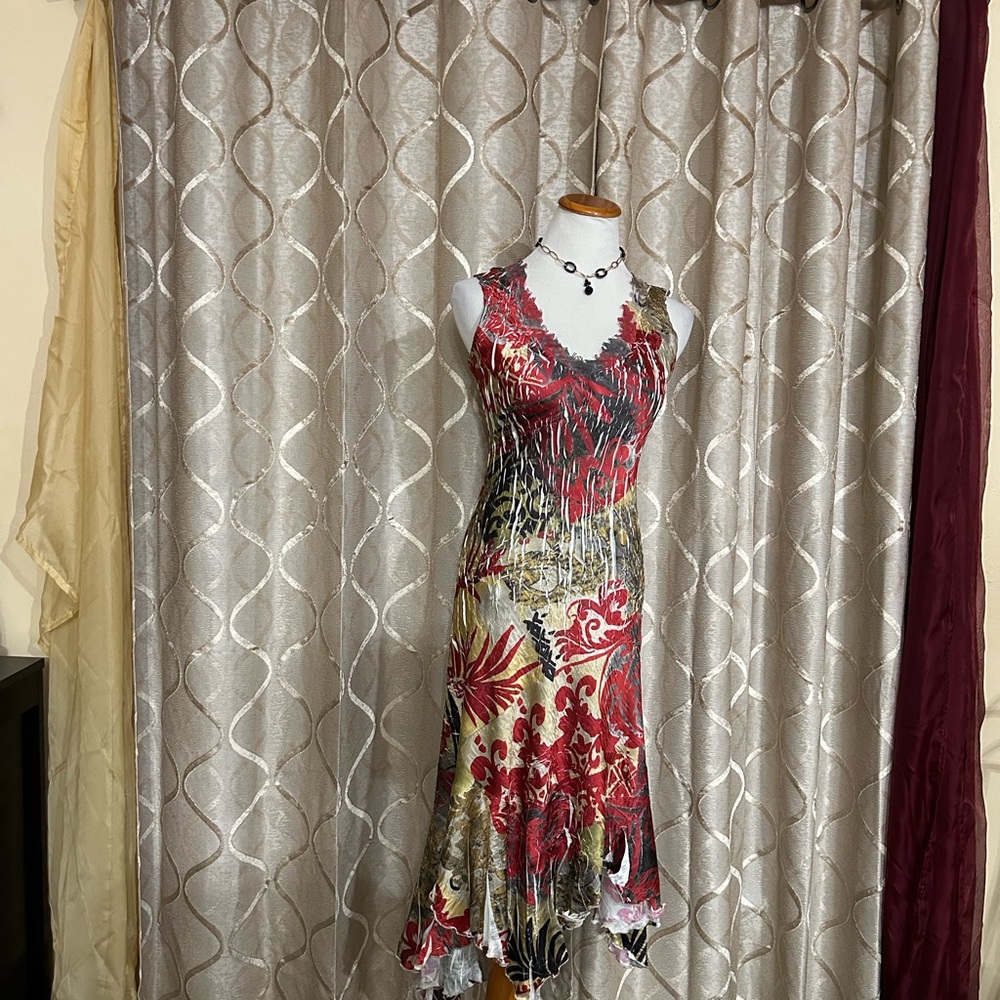 Komarov 
Red Fit and Flare Midi Dress with V-neck and Cap Sleeves